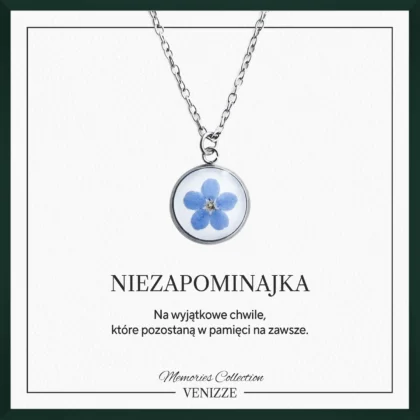 Naszyjnik okrągły kwiat niezapominajki w żywicy