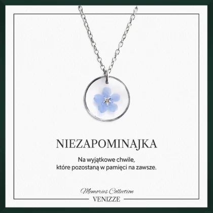 Naszyjnik okrągły kwiat niezapominajki w żywicy