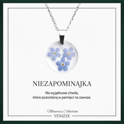 Naszyjnik okrągły kwiaty niezapominajki w żywicy