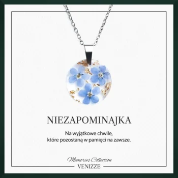 Naszyjnik okrągły kwiaty niezapominajki ze złotą folią w żywicy