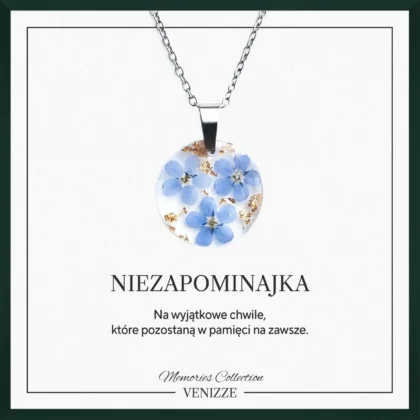 Naszyjnik okrągły kwiaty niezapominajki ze złotą folią w żywicy