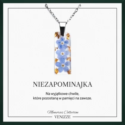 Naszyjnik prostokąt kwiaty niezapominajki ze złotą folią w żywicy