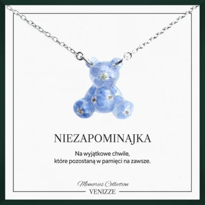 Naszyjnik miś kwiaty niezapominajek w żywicy