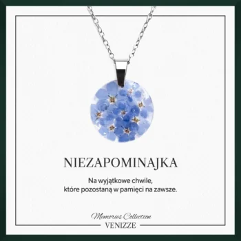Naszyjnik okrągły kwiaty niezapominajek w żywicy