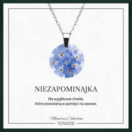 Naszyjnik okrągły kwiaty niezapominajek w żywicy