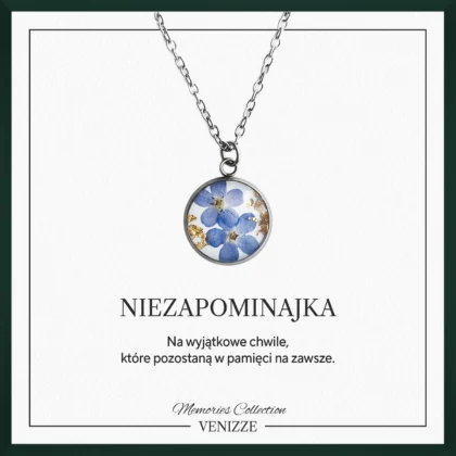 Naszyjnik okrągły niezapominajka złota folia w żywicy