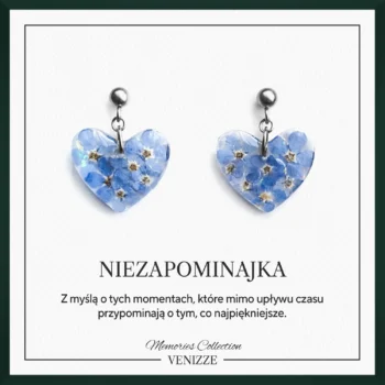 Kolczyki sztyfty z kulką serce kwiaty niezapominajki w żywicy