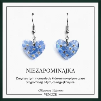 Kolczyki bigle wiszące serce kwiaty niezapominajki w żywicy
