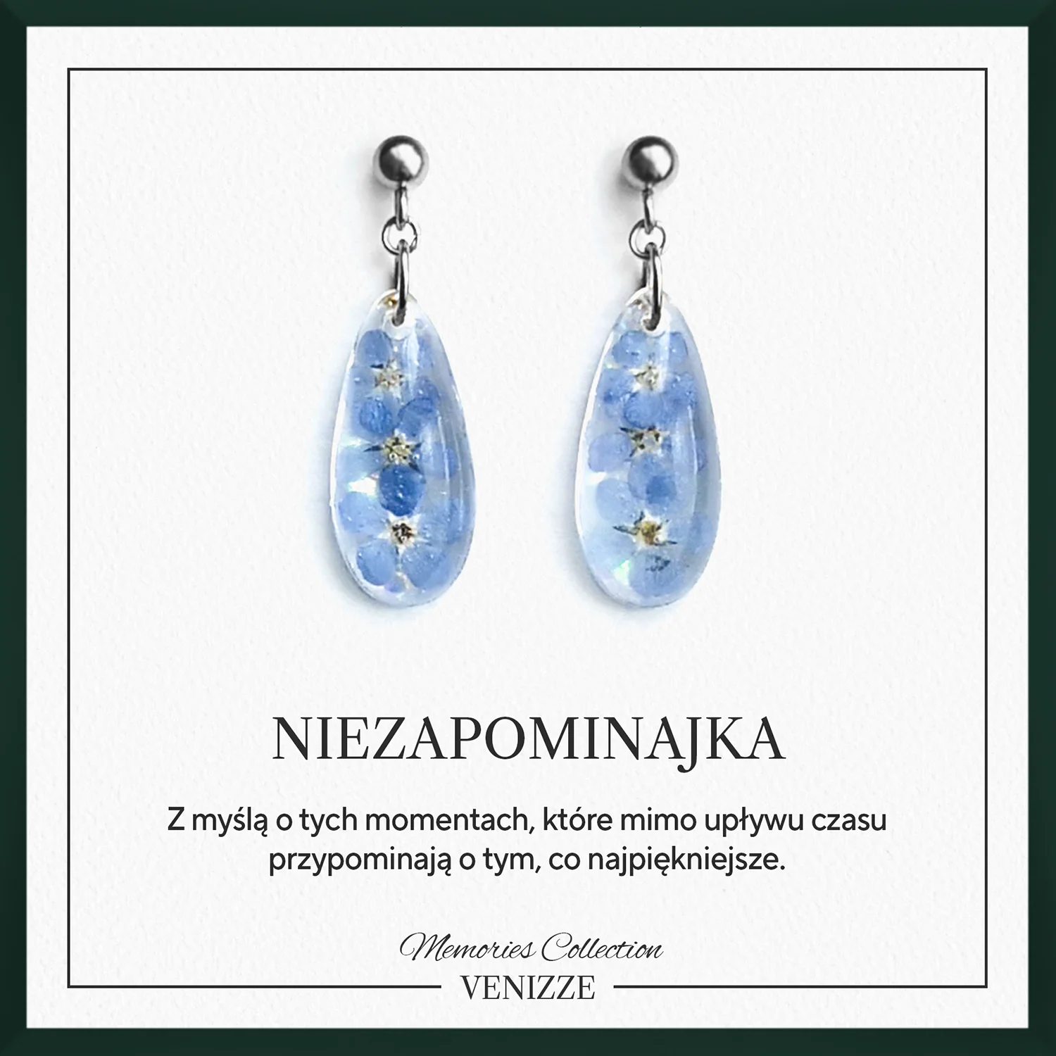 Kolczyki sztyfty z kulką łezki kwiaty niezapominajki w żywicy