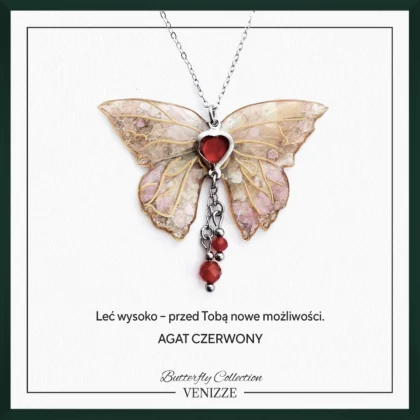 Naszyjnik motyl flaming red z agatem czerwonym i cyrkonią