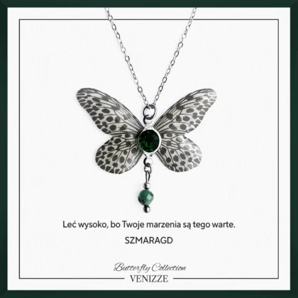 Naszyjnik motyl grey speckles z szmaragdem i cyrkonią