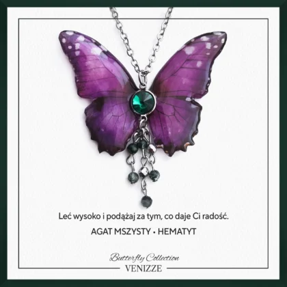 Naszyjnik motyl velvet ember z agatem hematytem i cyrkonią