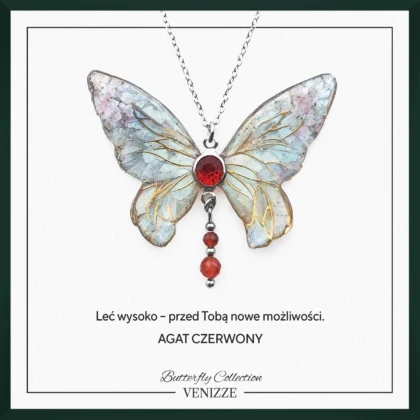 Naszyjnik motyl red scarlet z agatem i cyrkonią