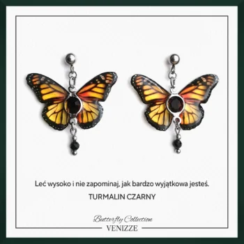 Kolczyki sztyfty z kulką motyl yellow sun z czarnym turmalinem