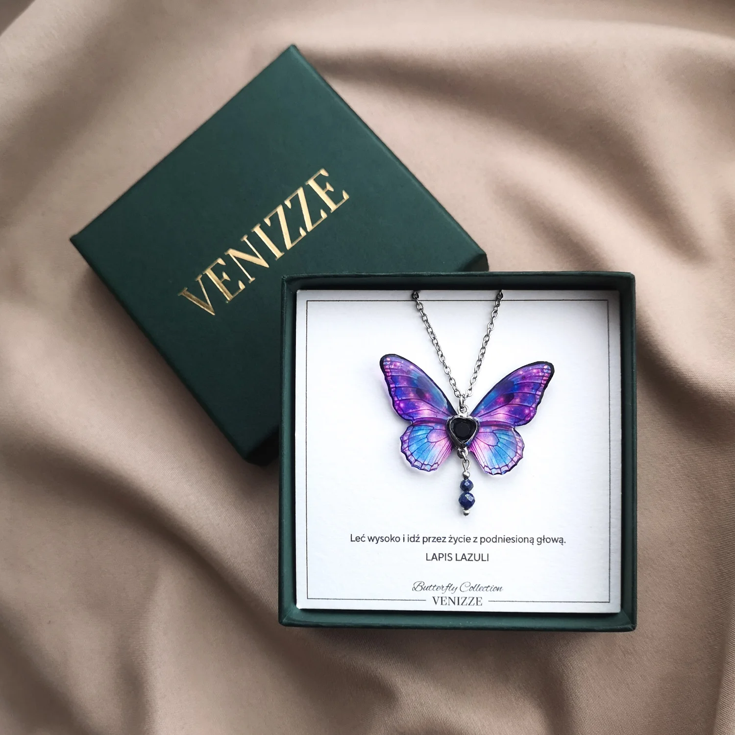 Naszyjnik motyl purple universe z lapisem lazuli i cyrkonią - obrazek 2