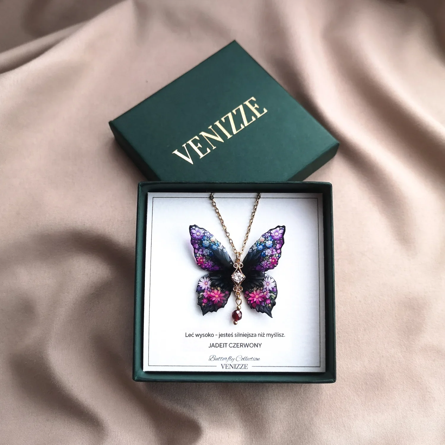 Naszyjnik motyl flower whisper z jadeitem i cyrkonią - obrazek 2