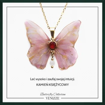 Naszyjnik motyl pink bloom z kamieniem księżycowym i cyrkonią