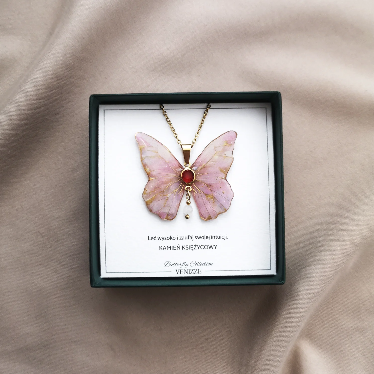 Naszyjnik motyl pink bloom z kamieniem księżycowym i cyrkonią - obrazek 6