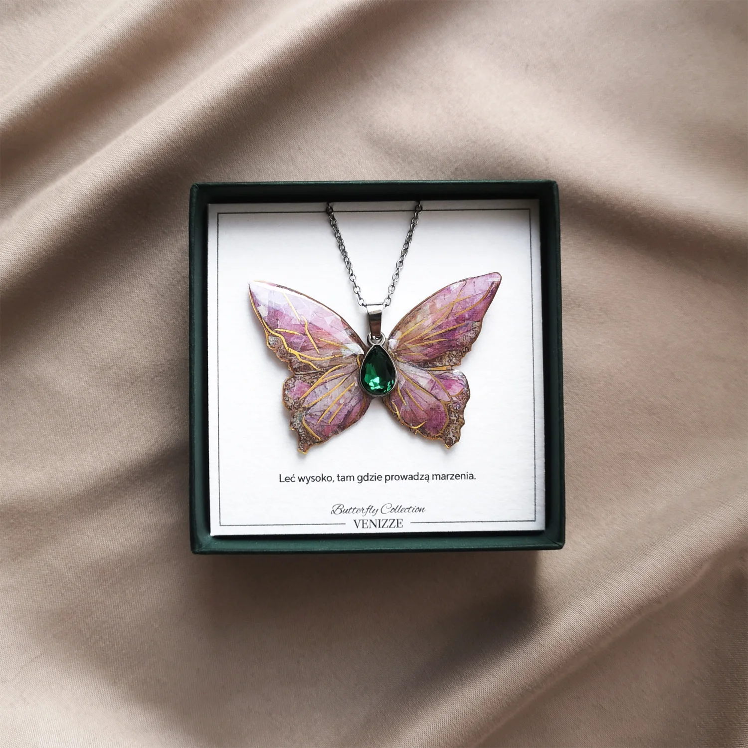 Naszyjnik motyl stained pink z cyrkonią - obrazek 6