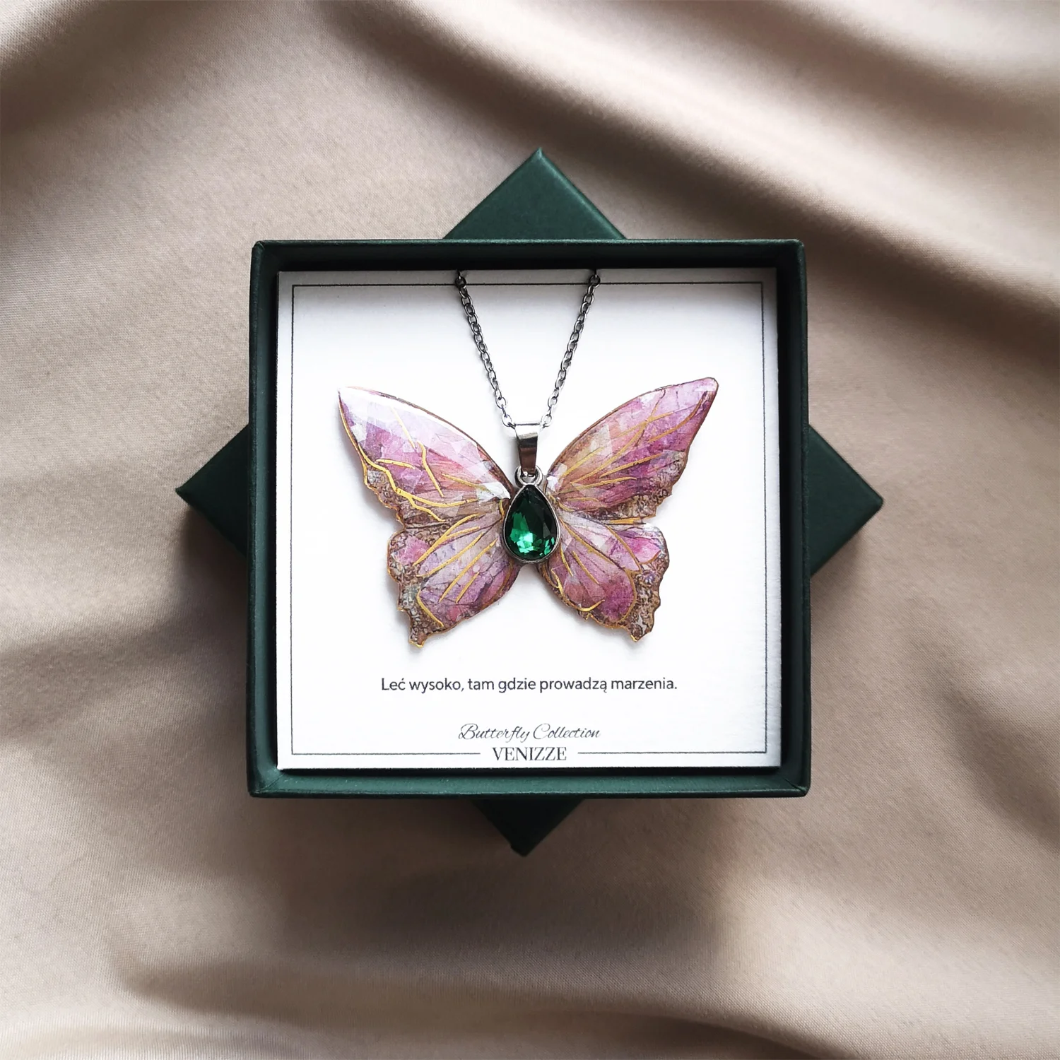 Naszyjnik motyl stained pink z cyrkonią - obrazek 5