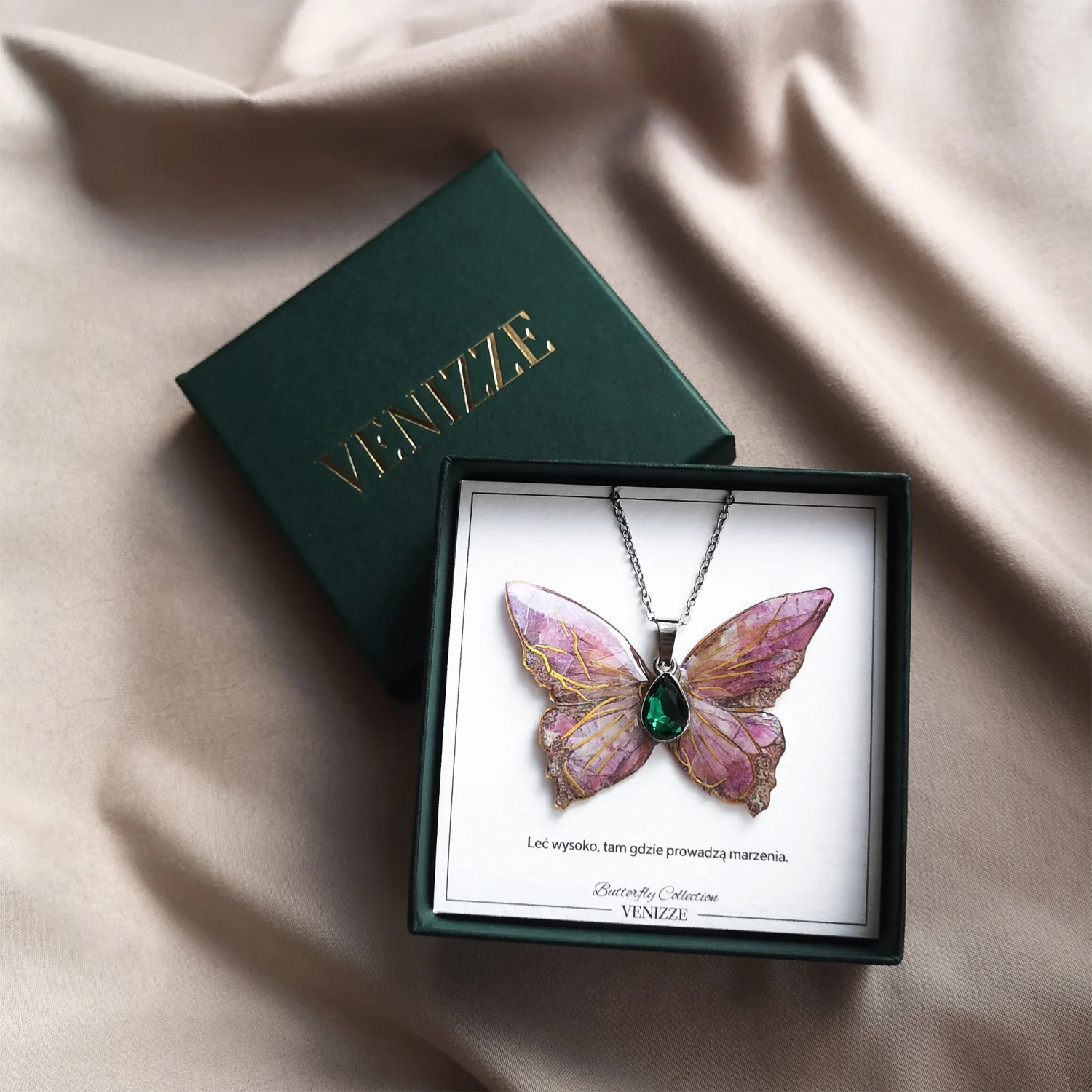 Naszyjnik motyl stained pink z cyrkonią - obrazek 2