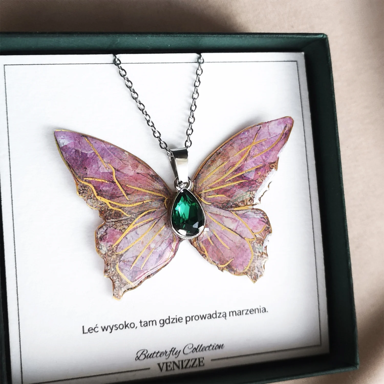 Naszyjnik motyl stained pink z cyrkonią - obrazek 4