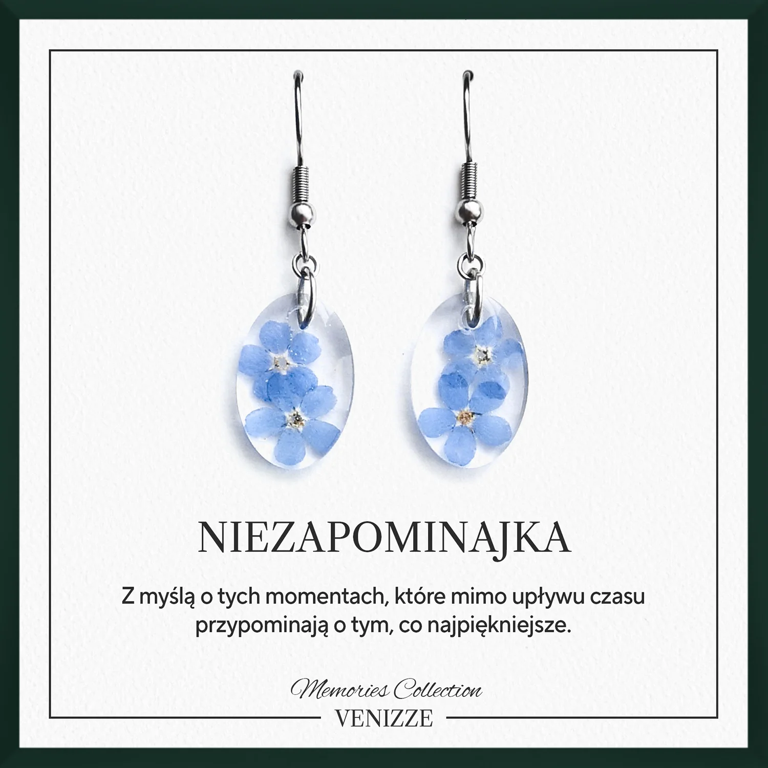 Kolczyki bigle wiszące kwiaty niezapominajki w żywicy