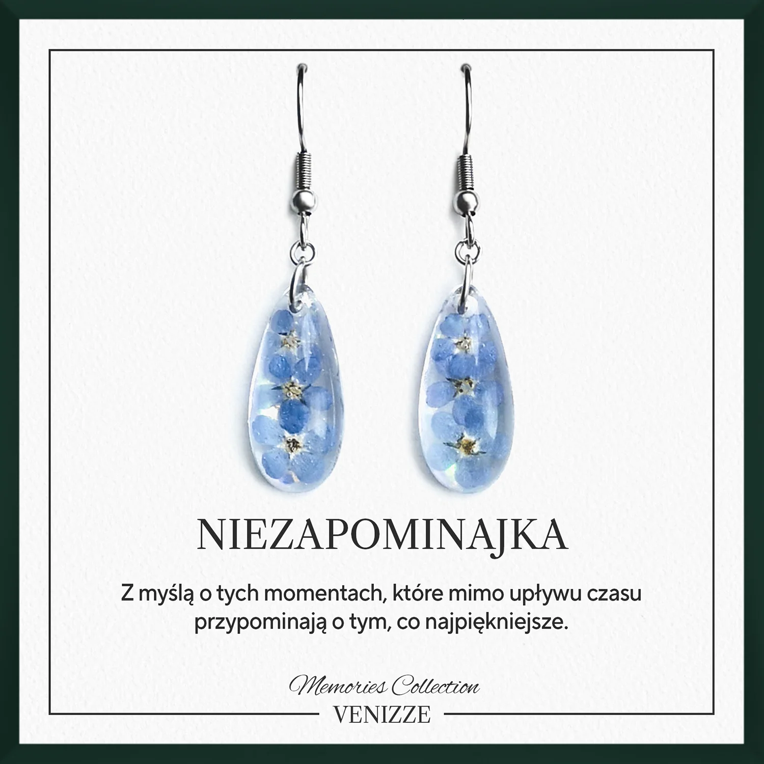 Kolczyki bigle wiszące łezki kwiaty niezapominajki w żywicy
