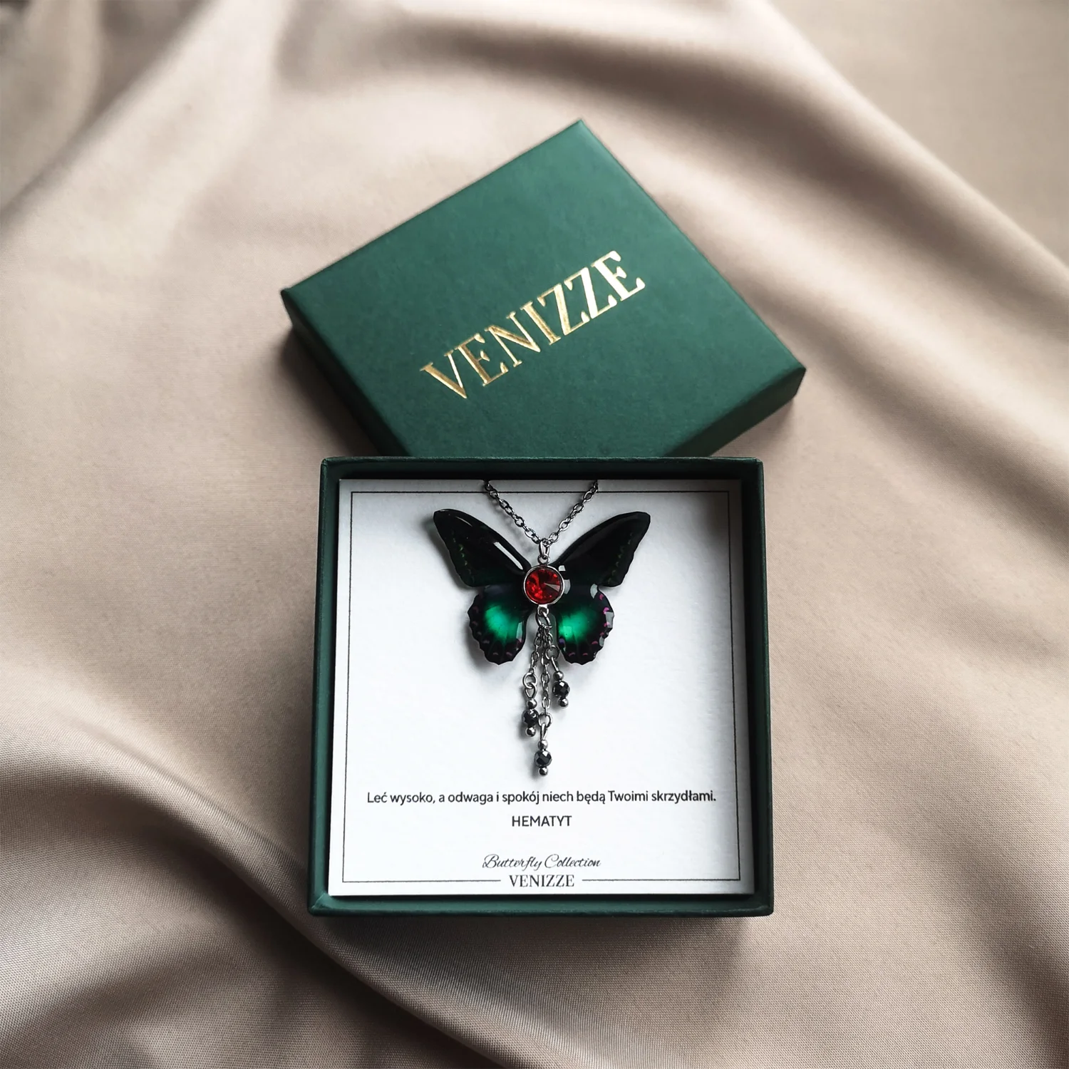 Naszyjnik motyl green shadow z hematytem i cyrkonią - obrazek 2