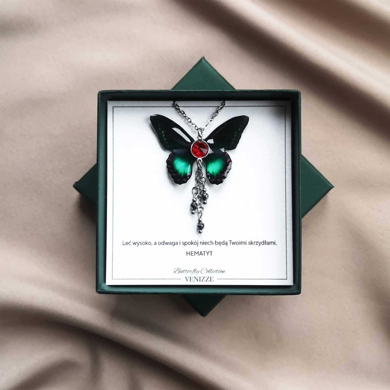 Naszyjnik motyl green shadow z hematytem i cyrkonią - obrazek 5