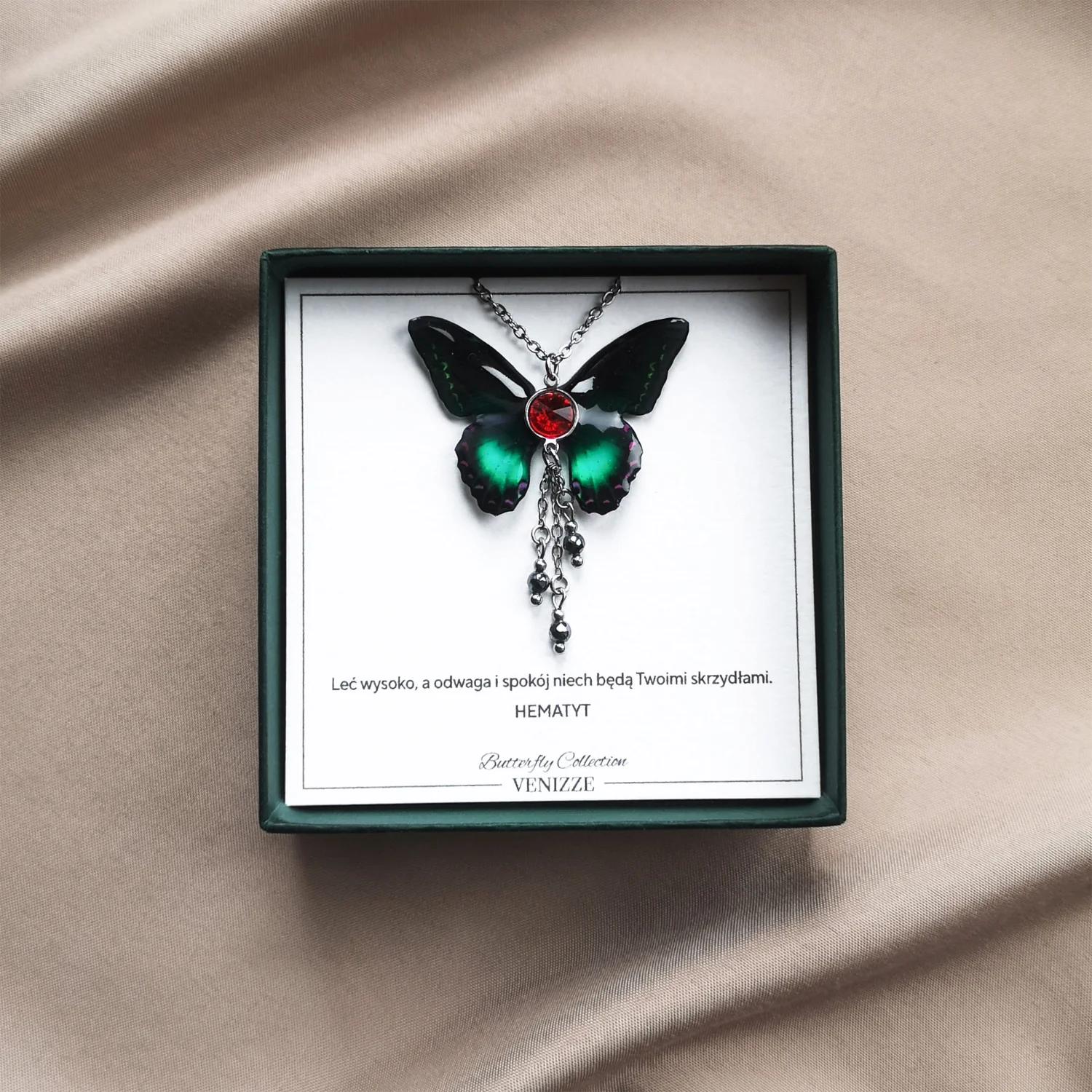 Naszyjnik motyl green shadow z hematytem i cyrkonią - obrazek 6
