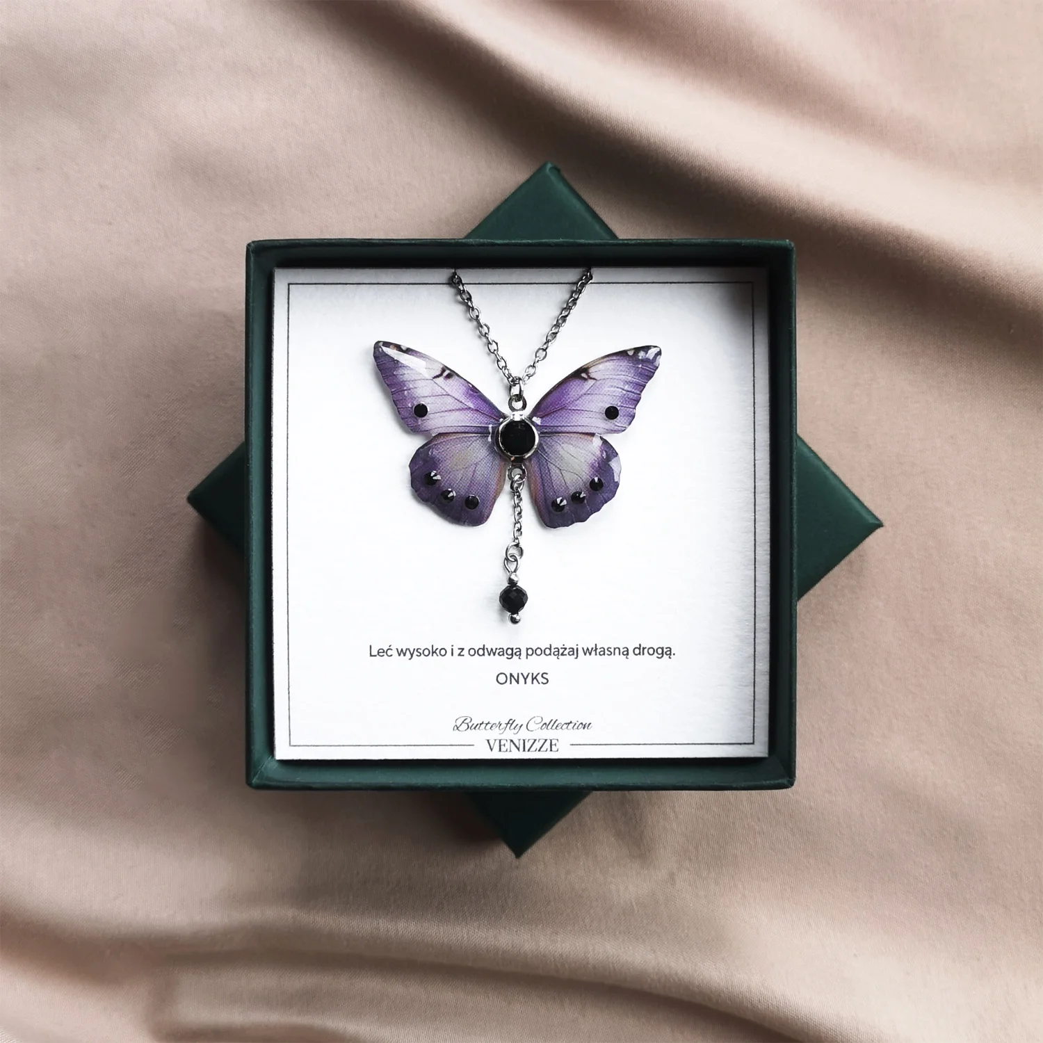 Naszyjnik motyl lavender harmony z onyksem i cyrkonią - obrazek 5