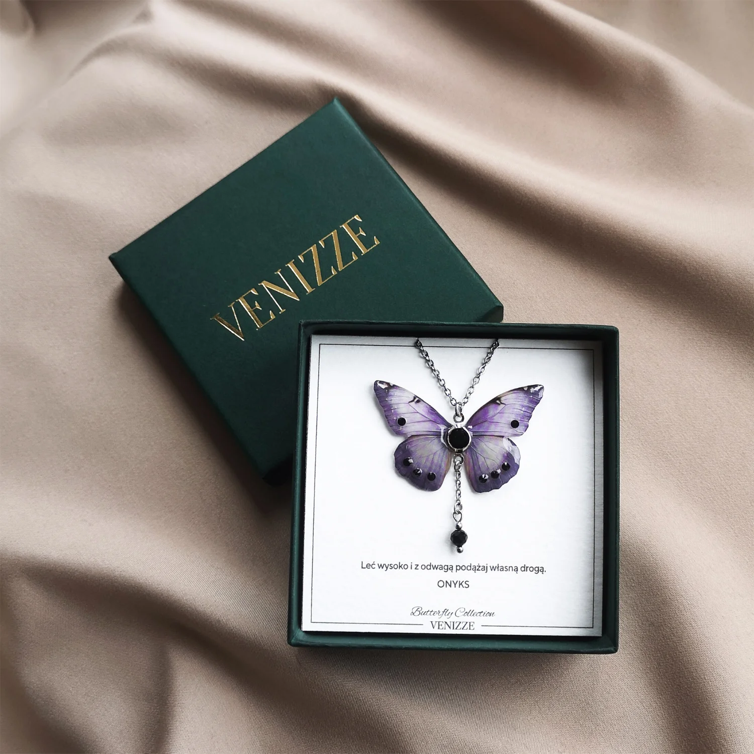 Naszyjnik motyl lavender harmony z onyksem i cyrkonią - obrazek 2