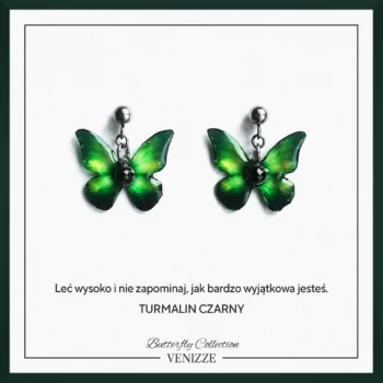 Kolczyki sztyfty z kulką motyl jungle awakening z czarnym turmalinem