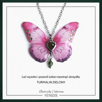 Naszyjnik motyl glowing blush z zielonym turmalinem i cyrkonią