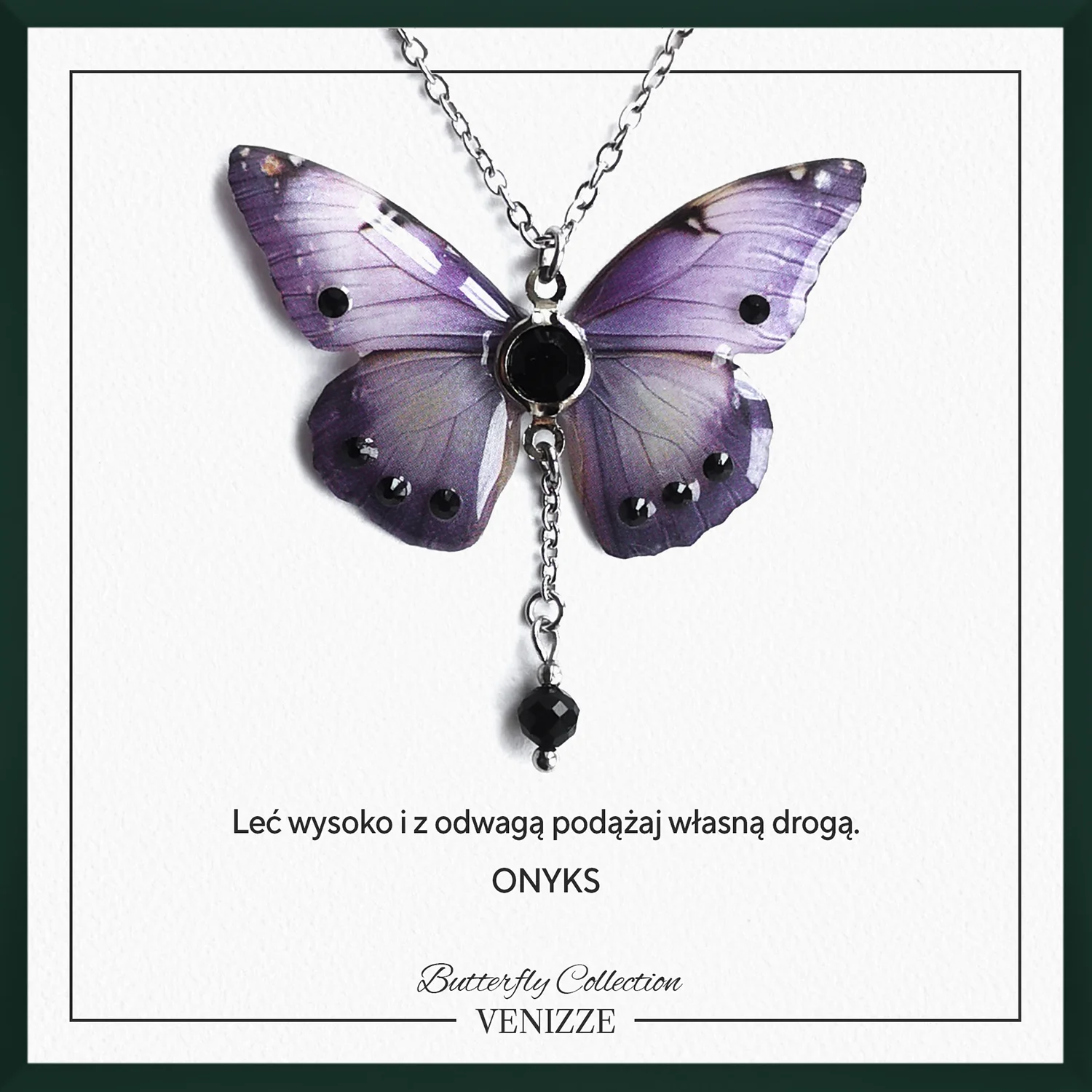 Naszyjnik motyl lavender harmony z onyksem i cyrkonią