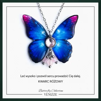 Naszyjnik motyl space aura z kwarcem różowym i cyrkonią