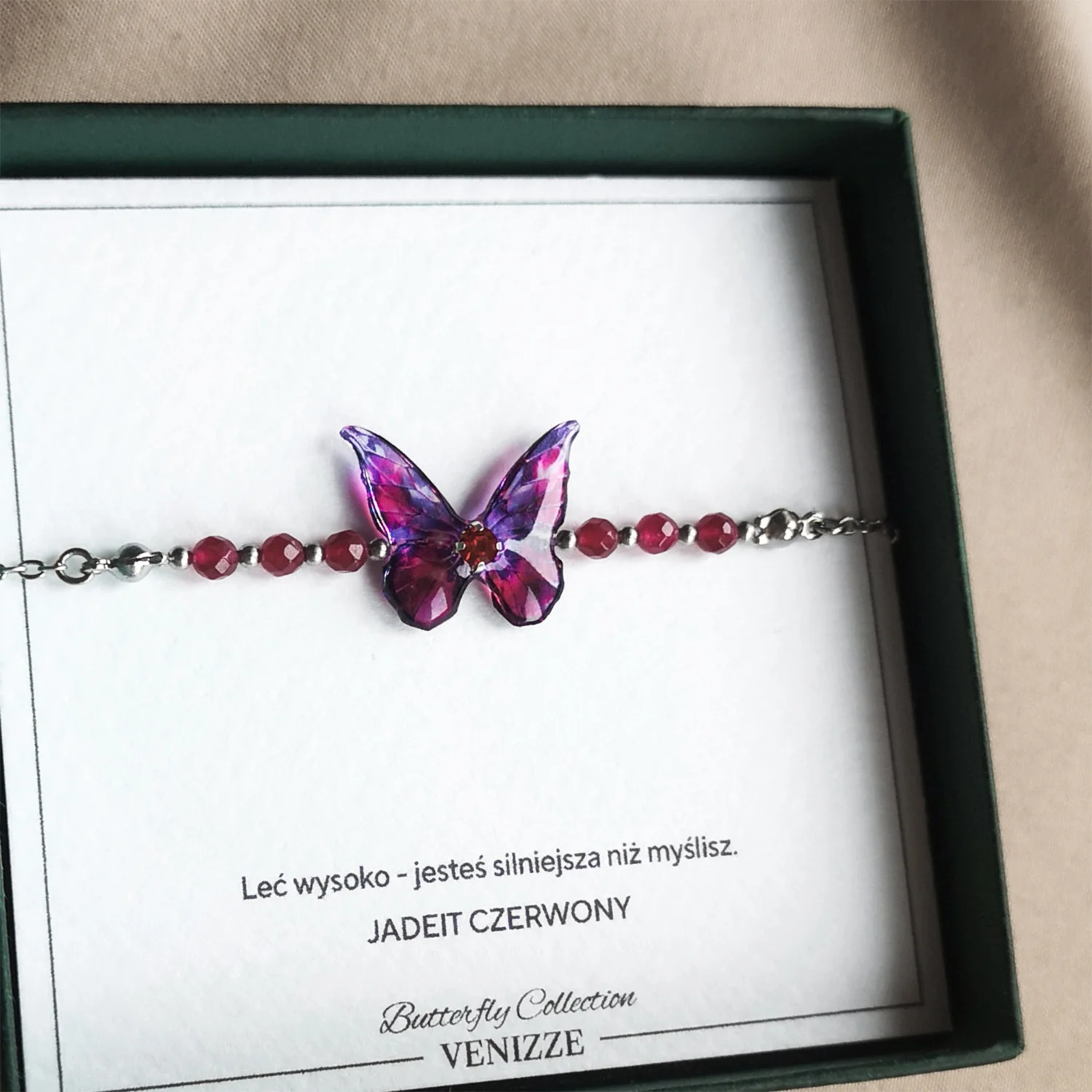 Bransoletka motyl jade flame z jadeitem i cyrkonią - obrazek 6